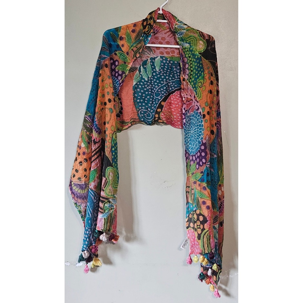 Vismaya Floral Abstract Tassel Scarf Modal Wool Blend Multicolor Boho Wrap Large